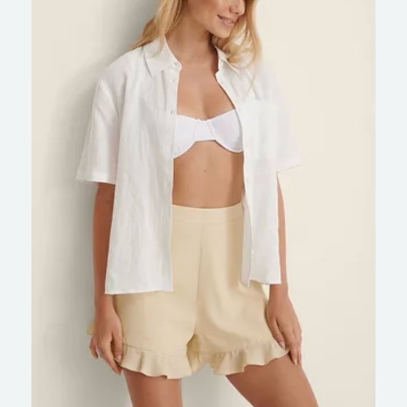 SOLD Short Sleeve Button Down Crop Top Linen Like Material - Picture 12 of 14